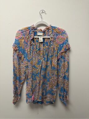Miss June Paris Blue Paisley Ruffle Blouse